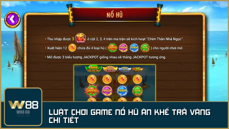 Chơi theo cơ chế 5 cột 3 hàng với biểu tượng chim thần, túi vàng và quả khế mang giá trị cao