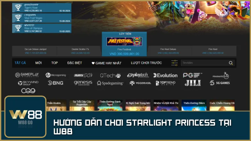 Đăng ký nhanh, nạp tiền và tìm kiếm Starlight Princess trong kho slot W88 để bắt đầu hành trình phép thuật.