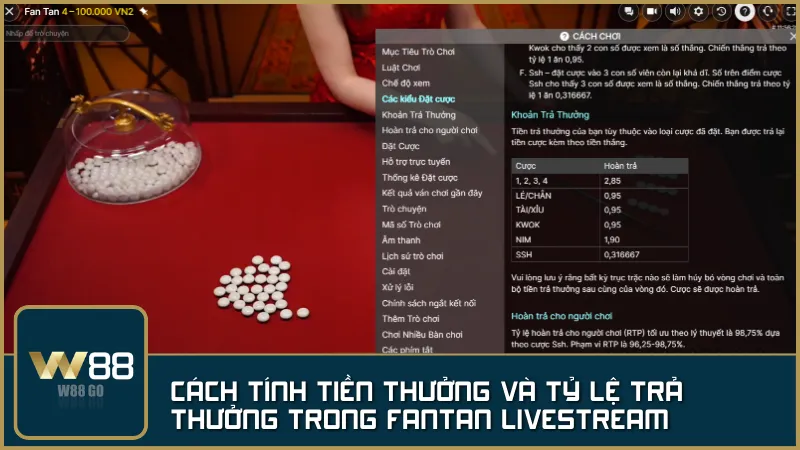 Cách tính tiền thưởng và tỷ lệ trả thưởng trong FanTan Livestream
